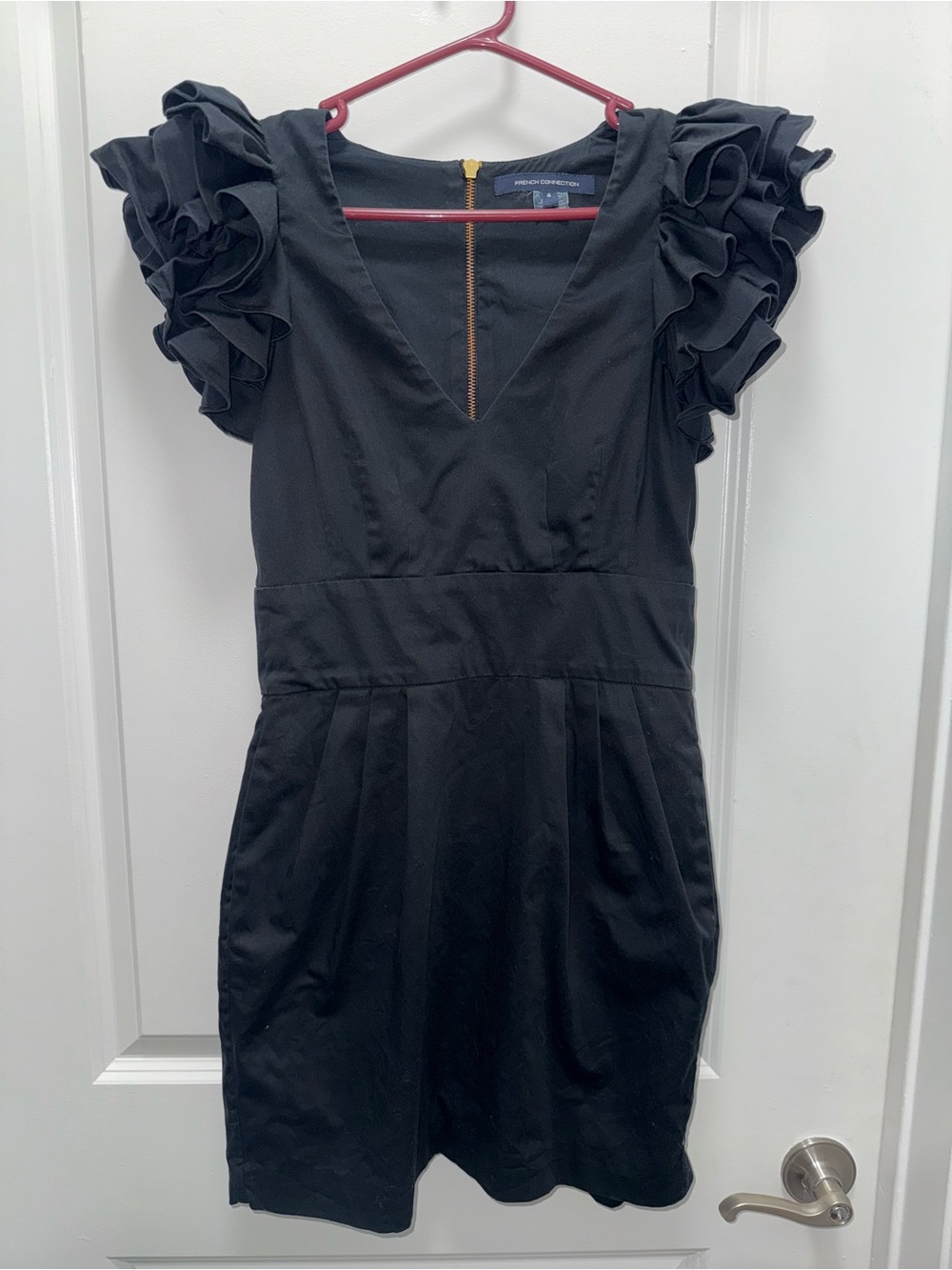 French Connection Black Ruffle Sleeve Mini Dress with Pockets